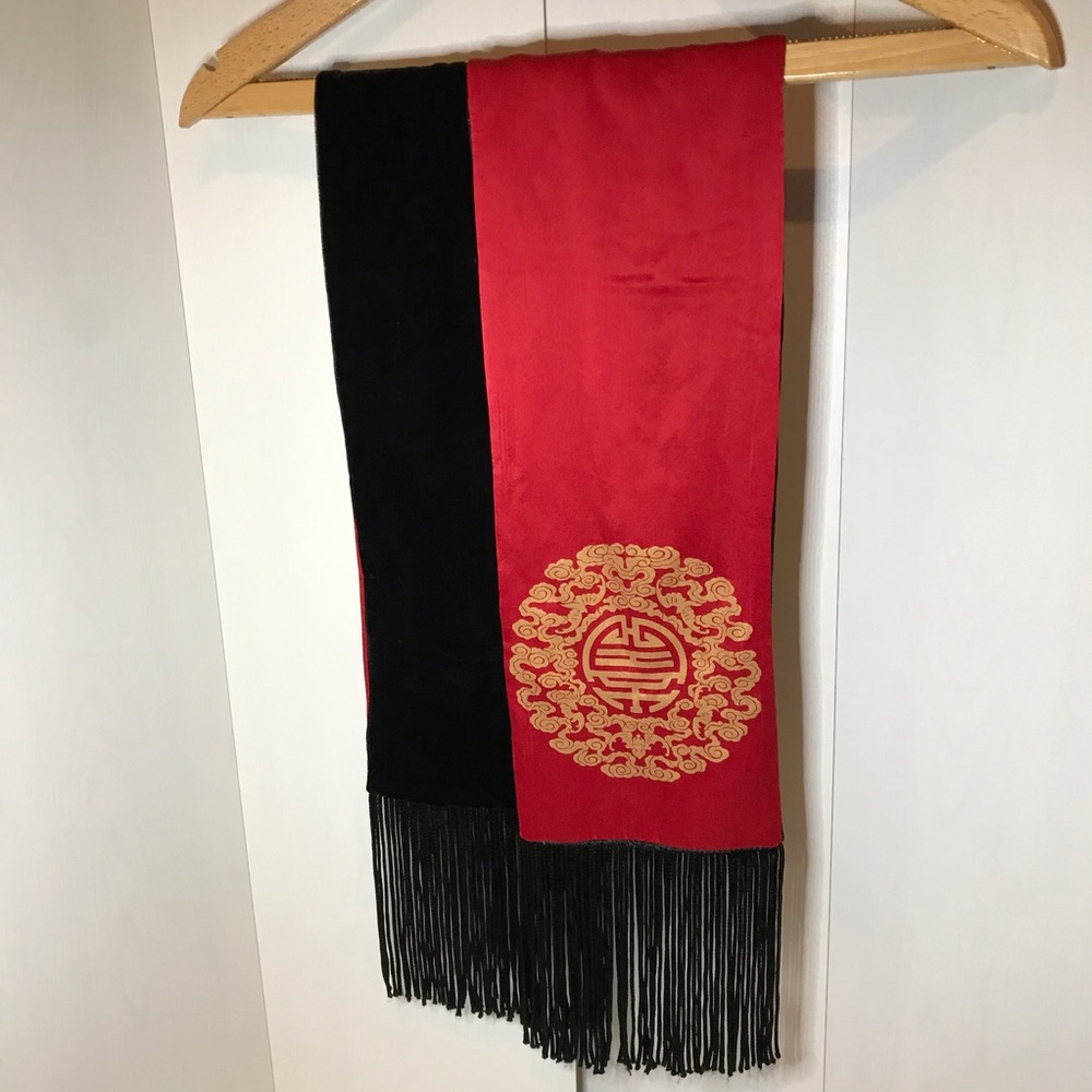 Red and Black Silk Scarf w/Golden Chinese Print